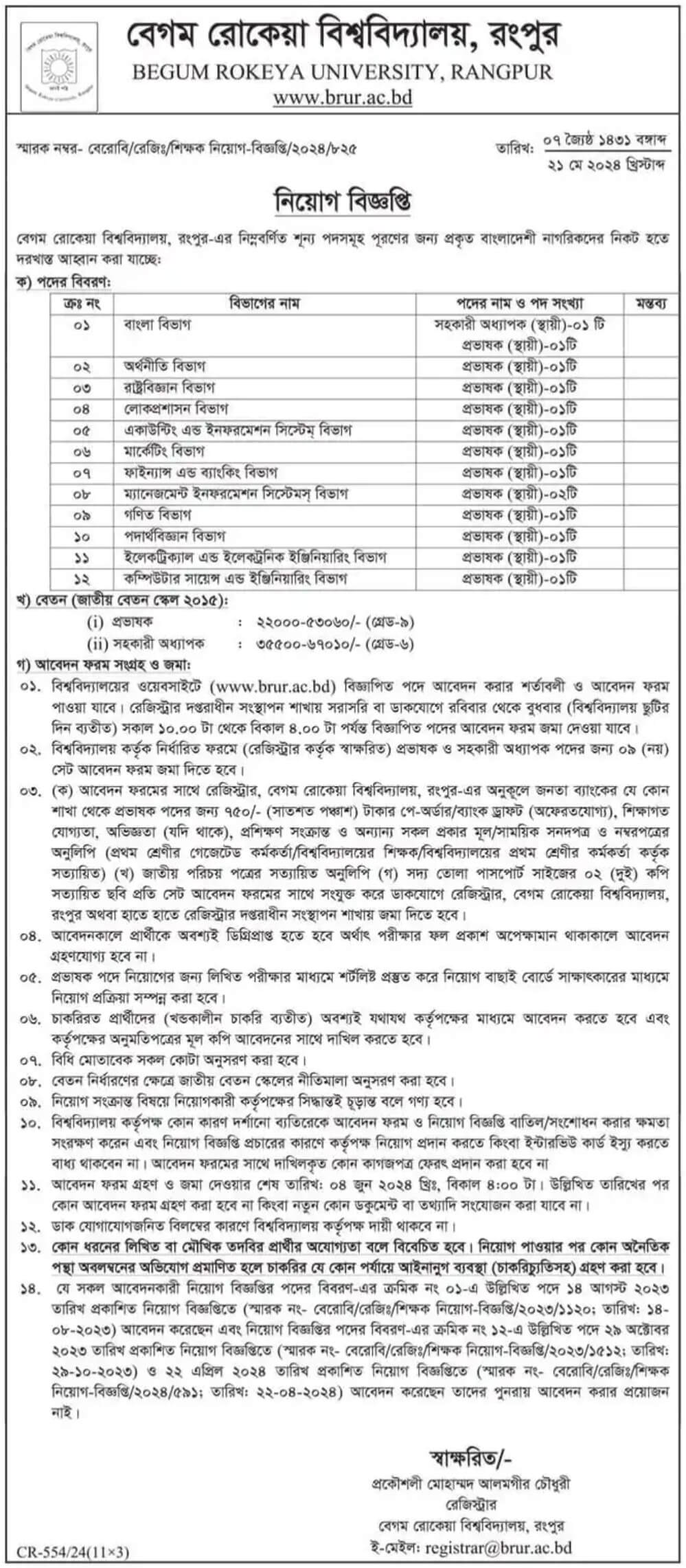 Begum Rokeya University Job Circular