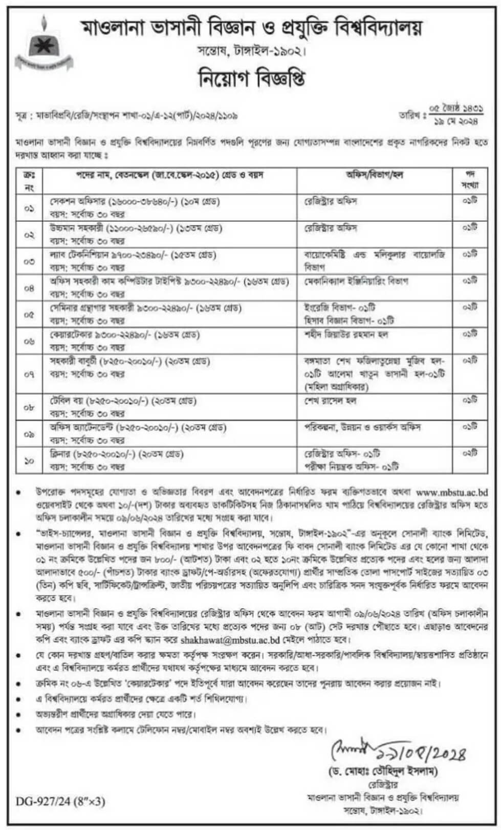 Mawlana Bhashani Science and Technology University Job Circular