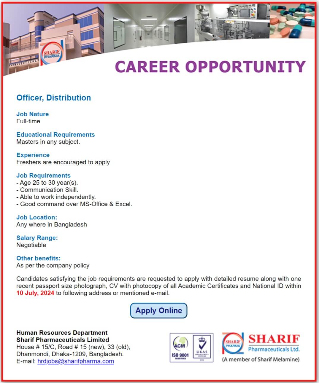 Sharif Pharmaceuticals Ltd Job Circular