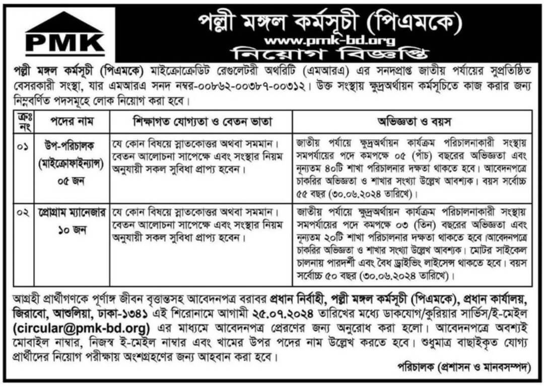 Palli Mongal Karmosuchi PMK Job Circular